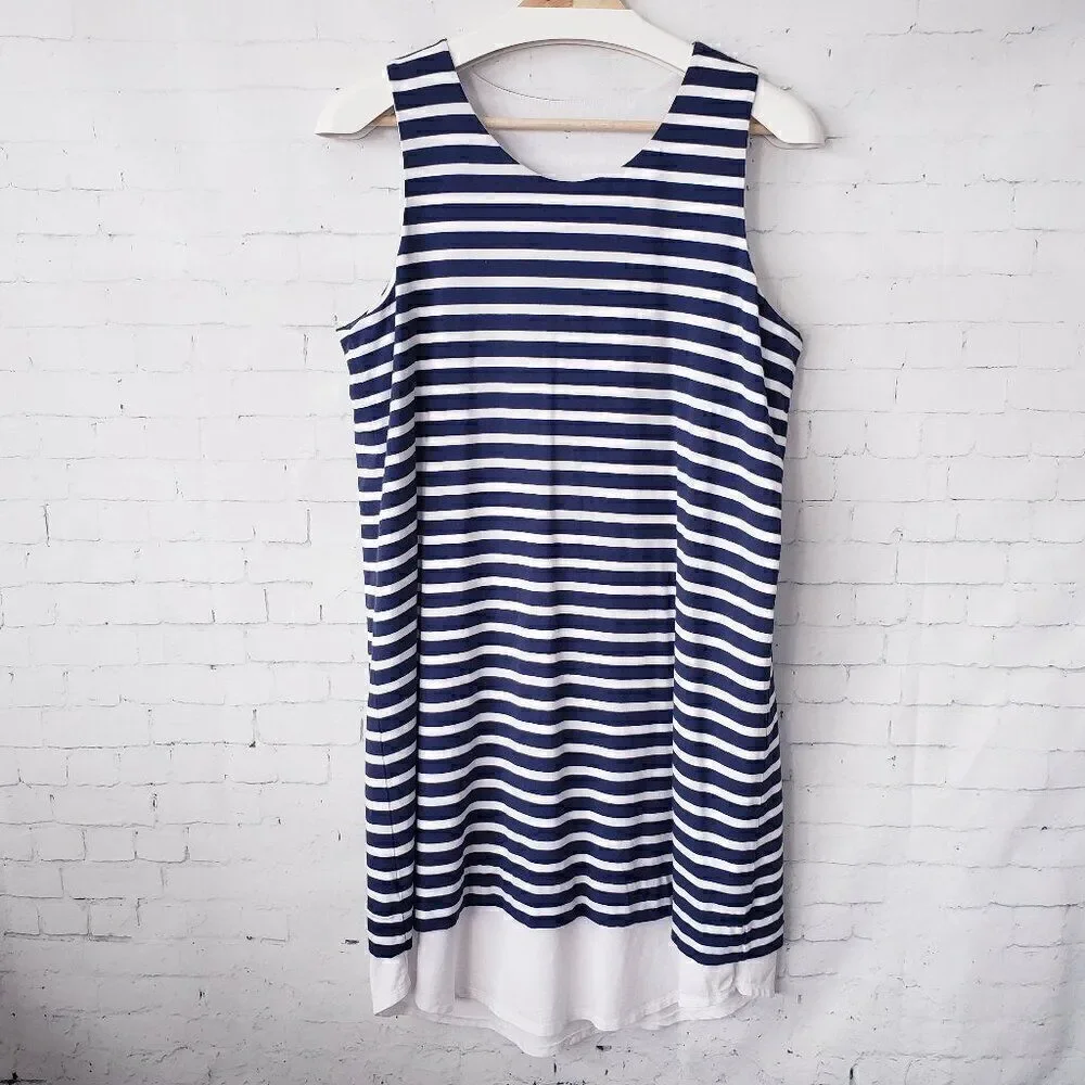 Garnet Hill Nautical Navy White Striped Dress Size M Shift Stretch Tank Cotton